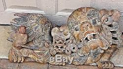 PAIR ANTIQUE 18c-19c LARGE CHINESE WOOD CARVED TEMPLE GARDIANS FOO-LION STATUES