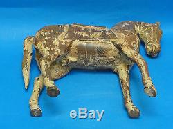 PAIR LARGE ANTIQUE EARLY 20c CHINESE HORSE WOOD CARVING SCULPTURE 16