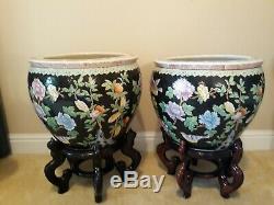 PAIR Large Chinese Fish Bowl Planters with Carved Wood StandsFlowers Koi Birds