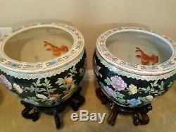 PAIR Large Chinese Fish Bowl Planters with Carved Wood StandsFlowers Koi Birds