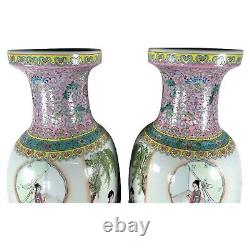 Pair Large Chinese Famille Rose Porcelain Handpainted Floor Vases