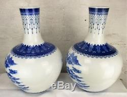 Pair Large Chinese Porcelain Republic Bowl Vases Blue and White 21.3