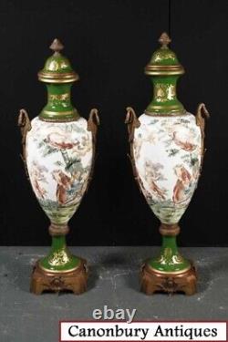 Pair Large Sevres Porcelain Amphora Urns Champleve Vases