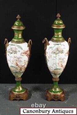 Pair Large Sevres Porcelain Amphora Urns Champleve Vases