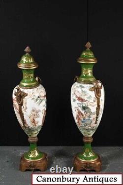 Pair Large Sevres Porcelain Amphora Urns Champleve Vases