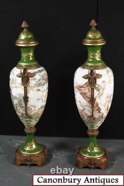 Pair Large Sevres Porcelain Amphora Urns Champleve Vases