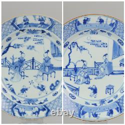 Pair Large antique Kangxi 18C Blue white Dish Garden Pagode Scene Zotje
