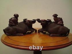 Pair Large matching left & right Antique Chinese Carved Wood Figure Boy Buffalo