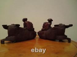 Pair Large matching left & right Antique Chinese Carved Wood Figure Boy Buffalo