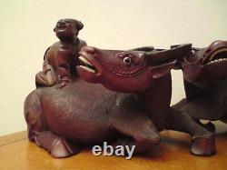 Pair Large matching left & right Antique Chinese Carved Wood Figure Boy Buffalo