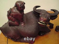 Pair Large matching left & right Antique Chinese Carved Wood Figure Boy Buffalo