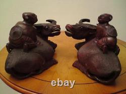 Pair Large matching left & right Antique Chinese Carved Wood Figure Boy Buffalo