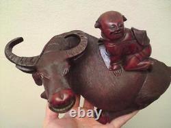 Pair Large matching left & right Antique Chinese Carved Wood Figure Boy Buffalo