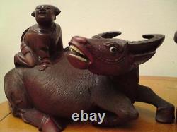 Pair Large matching left & right Antique Chinese Carved Wood Figure Boy Buffalo