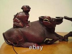 Pair Large matching left & right Antique Chinese Carved Wood Figure Boy Buffalo