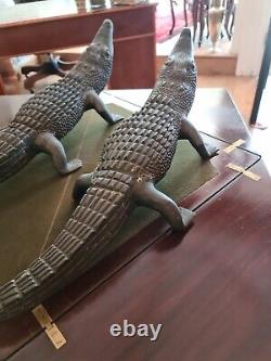 Pair Of Antique Large Decorative Cast Bronze Chinese Crocodiles Indoor / Outdoor