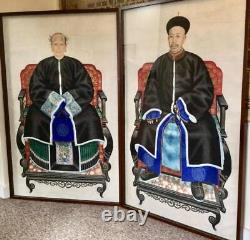 Pair Of FRAMED ANTIQUE CHINESE PAINTINGS Seated Husband & Wife VERY LARGE SIZE