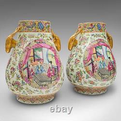 Pair Of Large Antique Vases, Chinese, Ceramic, Baluster, Famille Rose, Victorian