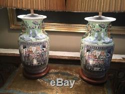 Pair Of Large Antique Vintage Chinese Porcelain Table Lamps