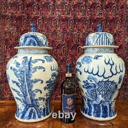 Pair Of Large Blue And White Chinese Temple Ginger Jars