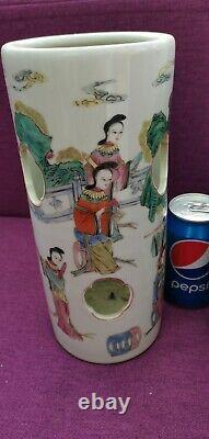 Pair Of Large Chinese Decorative Cylinder Vases 27.5cm
