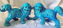 Pair Of Large Handmade Turquoise Blue Standing Foo Dogs / Lions