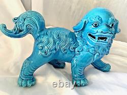 Pair Of Large Handmade Turquoise Blue Standing Foo Dogs / Lions