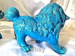 Pair Of Large Handmade Turquoise Blue Standing Foo Dogs / Lions