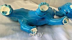 Pair Of Large Handmade Turquoise Blue Standing Foo Dogs / Lions