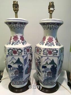 Pair Of Large Vintage Chinese, oriental Themed Porcelain Table Lamps