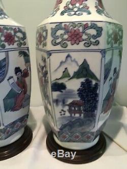 Pair Of Large Vintage Chinese, oriental Themed Porcelain Table Lamps
