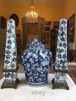 Pair Vintage Large 18 Blue White Crackle Glaze Porcelain Bronze Mount Obelisks
