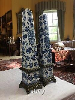 Pair Vintage Large 18 Blue White Crackle Glaze Porcelain Bronze Mount Obelisks