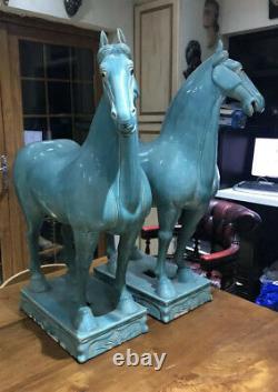 Pair X 2 Chinese Antique Horses Large Turquoise Tang Ming Matched Left Right