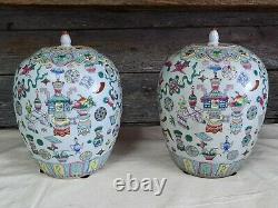 Pair of 2 Antique Chinese Famille Rose Large Lidded Jars Hundred Treasures