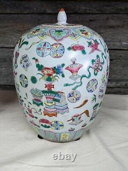Pair of 2 Antique Chinese Famille Rose Large Lidded Jars Hundred Treasures