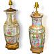Pair Of Antique Chinese Rose Medallion Ormolu Mounted Large Lamps- Circa 1840