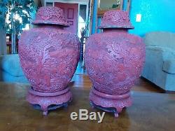 Pair of Large Antique Qing Dynasty Cinnabar Lacquer Urns Jars 18th 19th Cen