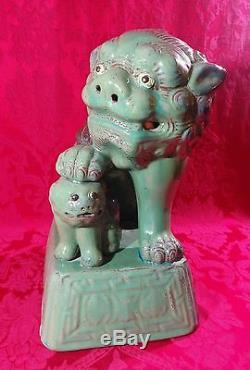 Pair of Large Asian Chinese FOO DOGS Lions Green Glaze Orange Pottery Statues