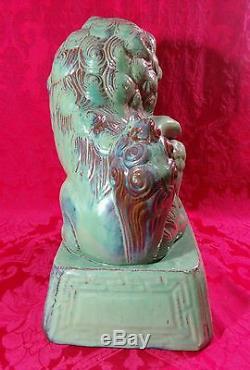 Pair of Large Asian Chinese FOO DOGS Lions Green Glaze Orange Pottery Statues