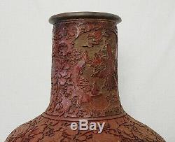 Pair of Large Chinese Red Lacquer Wear Ball Vases With Mark
