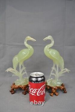Pair of Large Chinese Vintage Antique Green Jade Hard Stone Birds Wooden Stands