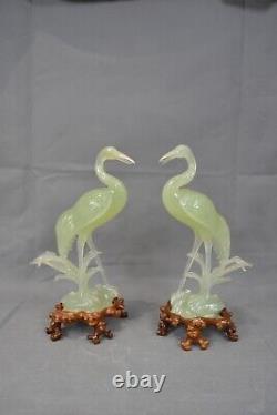 Pair of Large Chinese Vintage Antique Green Jade Hard Stone Birds Wooden Stands