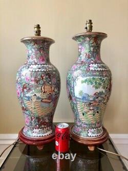 Pair of impressive large antique Chinese porcelain table lamps famille rose