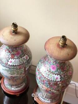 Pair of impressive large antique Chinese porcelain table lamps famille rose