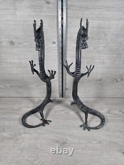 Pair of large 16'' chinese bronze long dragons standing zodiac fengshui antique