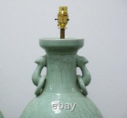 Pair of large vintage Chinese celadon table lamps