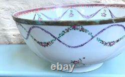 Pre-1800 Antique Chinese Quin Lung Large Porcelain Punch Bowl, Famille Rose