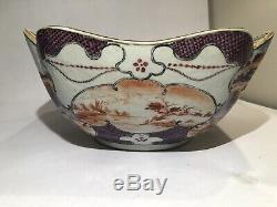 RARE! 18th C, Large Chinese Export Famille Rose Scalloped Porcelain Bowl Gilt