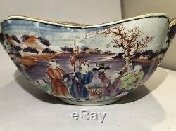 RARE! 18th C, Large Chinese Export Famille Rose Scalloped Porcelain Bowl Gilt